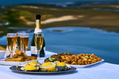 Table set up with food and drinks